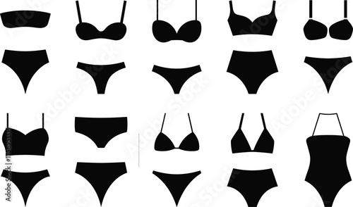 Lingerie and bikini silhouette vector set, women underwear fashion icons collection, swimwear design, cad drawing flat vector illustration