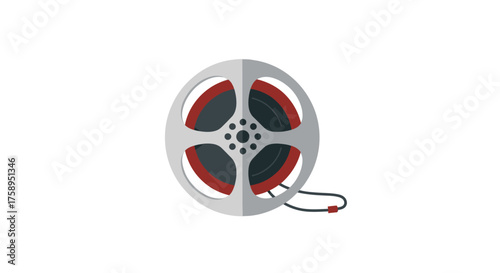 Film Reel with Red Accents and Black Film Strip.