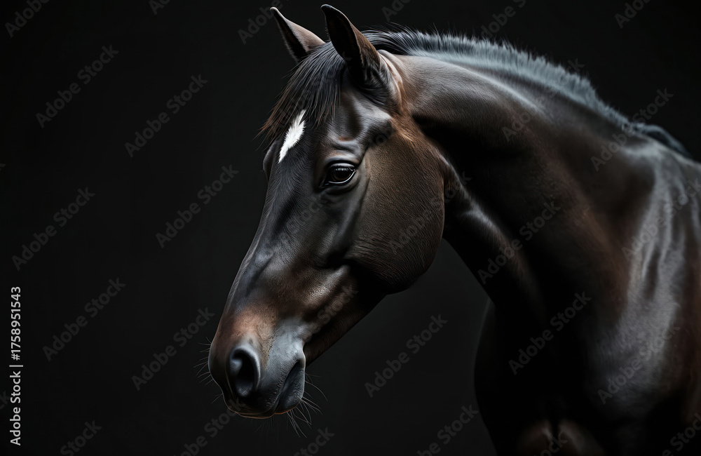 Fototapeta premium Elegant dark brown horse head portrait with white blaze. Equine animal shows grace, strength, purebred beauty against dark background. Stunning digital illustration of majestic power, perfect for