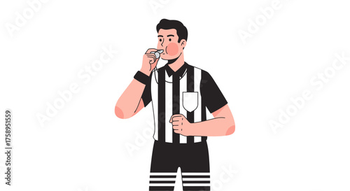 Football referee in striped uniform blowing a whistle and holding a wine glass.