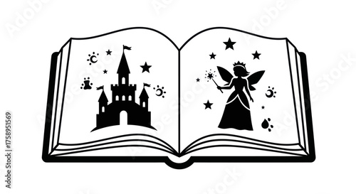 Open Storybook with Castle and Fairy Illustration.