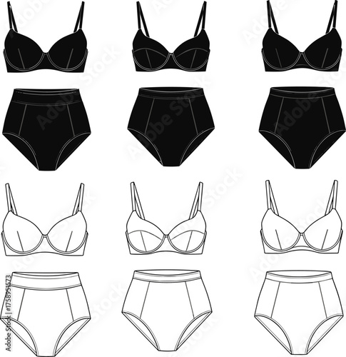 Lingerie fashion vector template, women’s bra and high waist panties illustration, CAD flat sketch, underwear design outline and filled set