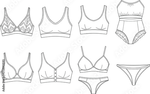 Lingerie vector template set, women’s bra, bralette, bodysuit and panties flat sketch, fashion CAD illustration for underwear design