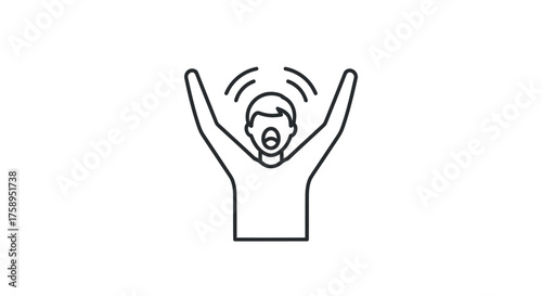 Line Art Illustration of a Person Shouting with Arms Raised in Celebration.