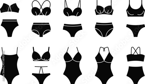 Minimalist lingerie and swimwear silhouettes collection — modern black vector icons of bras, panties, bikinis, one-piece swimsuits and underwear fashion design set illustration