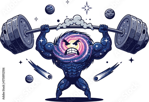 Muscular galaxy character lifting heavy cosmic barbell, strong universe illustration with stars and planets, powerful cartoon space concept, astronomy fitness themed artwork