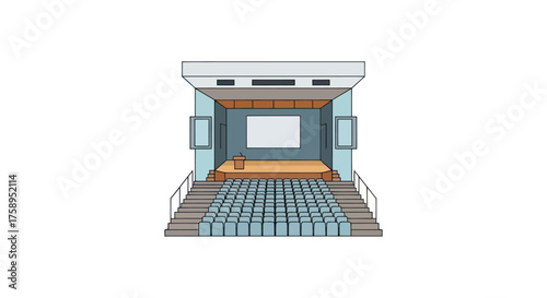 Illustration of an indoor stage with seating and a blank screen for presentations.