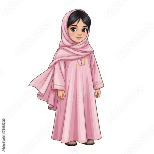 A young girl wearing a pink hijab and dress, a beautiful illustration