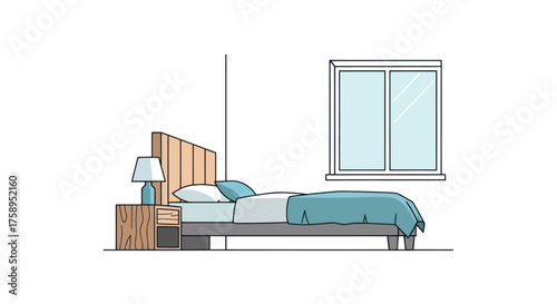 Modern Bedroom Interior with Bed Nightstand and Window.