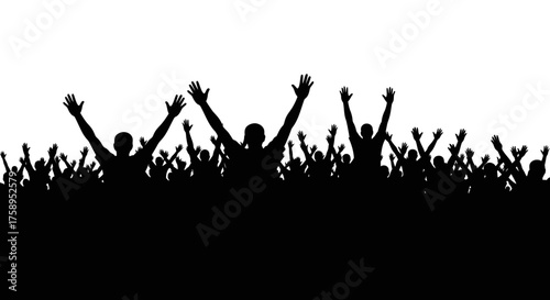 Silhouette Crowd with Raised Arms Celebrating Victory or Joy.