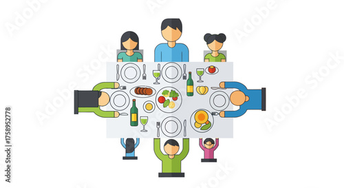 Diverse family enjoying a festive meal together around a dining table laden with food.