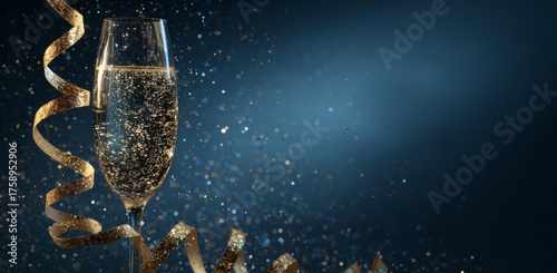 Sparkling Drink in Glass With Golden Ribbon and Confetti on Blue Background During Celebration