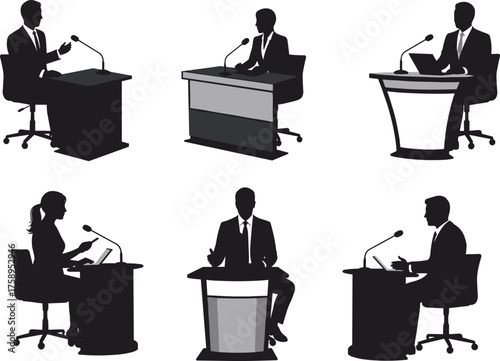 Silhouette illustration of business people giving presentations and speeches at podiums with microphones, conference meeting, seminar and public speaking concept vector artwork