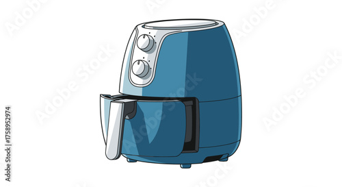 Compact Blue Electric Air Fryer with Silver Handle and Control Knobs.