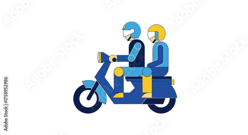Two People Riding a Blue Motor Scooter with Helmets.