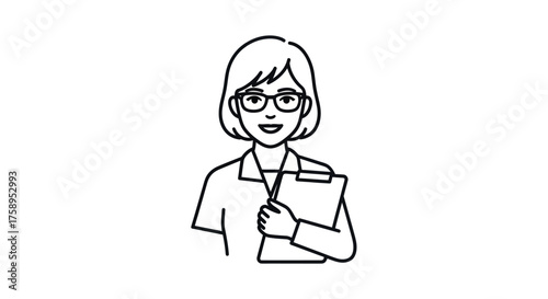 Professional Woman with Glasses Holding Clipboard Line Art Illustration.
