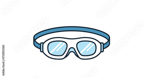 A simple cartoon illustration of blue and white swimming goggles with a head strap.