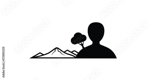 Silhouette of a person observing mountains and trees in black and white