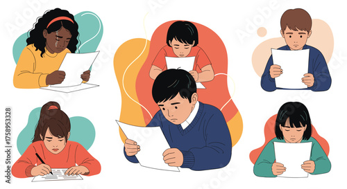 Diverse students engaged in various academic activities and tests.
