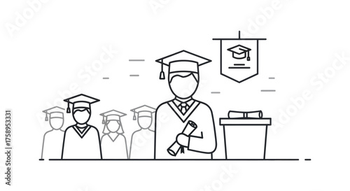 Line Art Illustration of Graduates in Academic Attire.