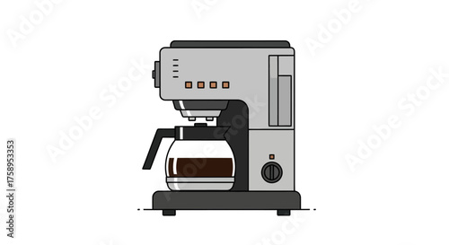 Gray Coffee Maker with Glass Carafe Filled with Brewed Coffee.