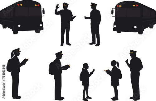 Silhouette vector illustration of school bus drivers, students, transportation service, bus stop communication, public transport, education travel and commuting concept