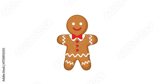 A festive gingerbread man cookie with a red bow tie and frosting details stands against a white background