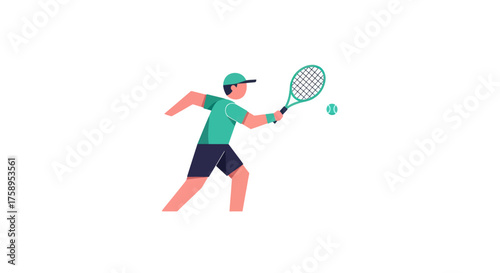 Dynamic illustration of a male tennis player hitting a ball with a racket.