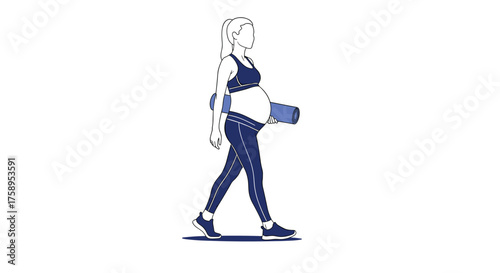 A pregnant woman in workout clothes walks carrying a yoga mat.
