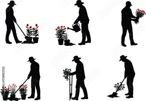 Silhouette vector of gardener planting and watering flowers, horticulture and gardening illustration, agriculture and landscaping concept, floral care activity