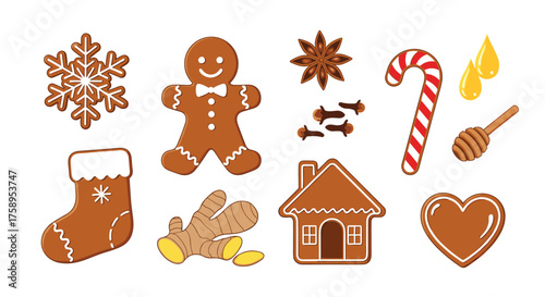 Collection of festive gingerbread cookies and ingredients for baking.