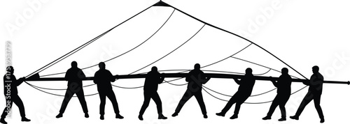 Silhouette vector of teamwork raising large sail or tent structure, group cooperation, outdoor activity, collaborative work and construction concept illustration