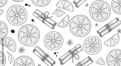 Seamless pattern of sliced citrus fruits and cinnamon sticks in a delightful sketch style.