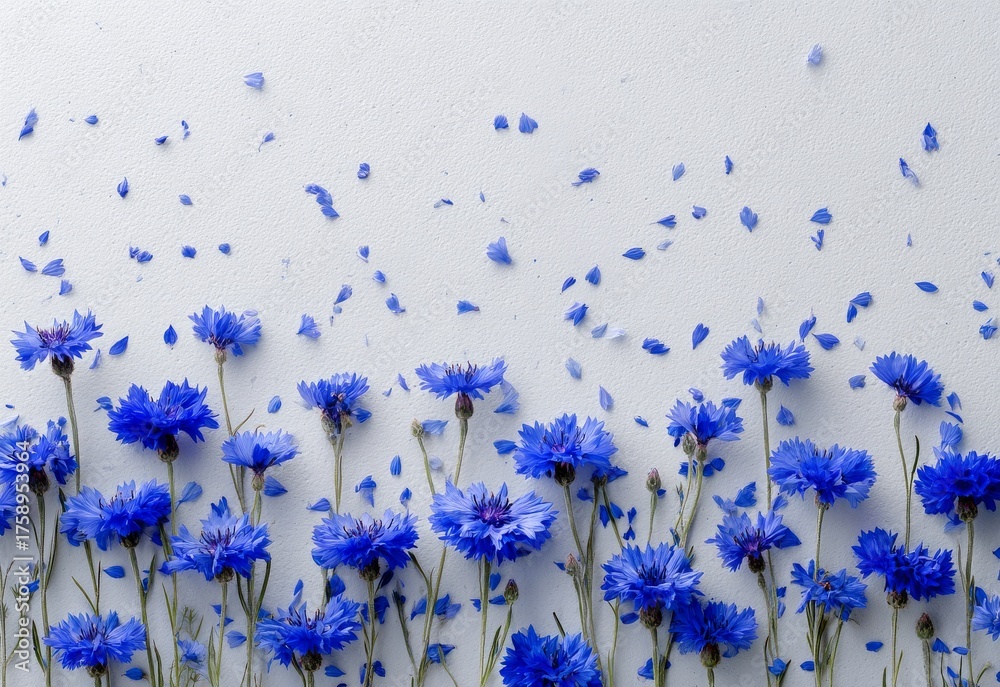 Fototapeta premium Vibrant Blue Flowers in Front of a Textured White Wall With Scattered Petals in a Serene Setting