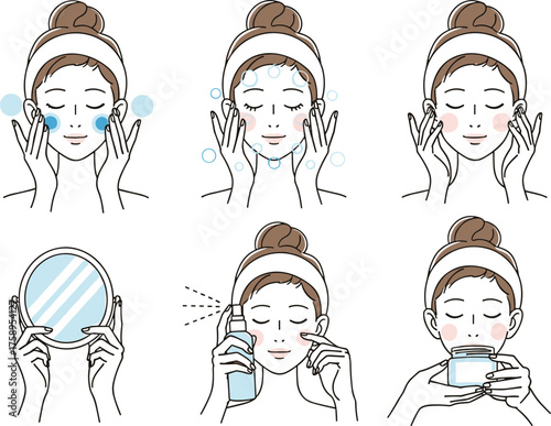 Six-Step Skincare Routine Illustration Featuring Cleansing, Rinsing, Toning, Mist Spraying, and Moisturizing for Beauty Education, Personal Care Guides, and Cosmetic Design Projects