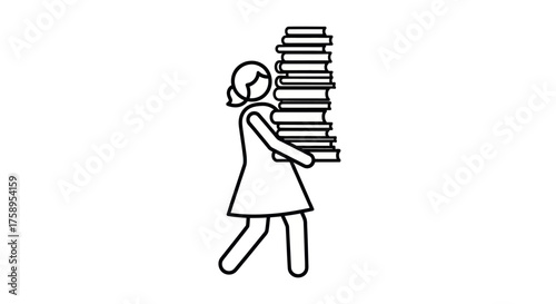 Woman carrying a tall stack of books simple line art illustration.