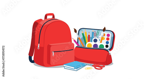 A red backpack and open pencil case filled with school supplies like pencils and paints.