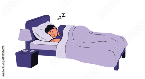 A person is sleeping peacefully in a cozy bed with a nightstand nearby.