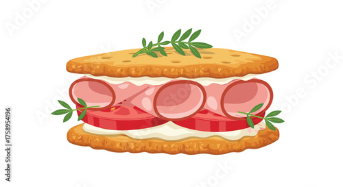 A delicious sandwich made with crackers ham tomatoes and mayonnaise.