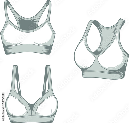 Sports bra fashion sketch, technical flat drawing, vector outline, racerback design, activewear template, scoop neckline, CAD illustration, black and white