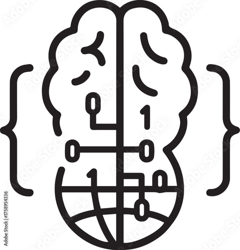 Minimal line icon of artificial brain with network connections forming a globe, global AI intelligence concept.