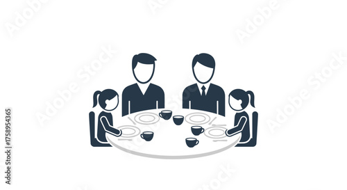 Family gathered around a dining table for a meal.