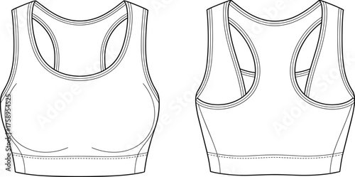 Sports bra technical flat sketch, front and back view, fashion design, activewear template, gym top apparel, cad drawing flat vector illustration