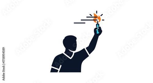 Silhouette of person raising a glowing light bulb symbolizing bright idea.