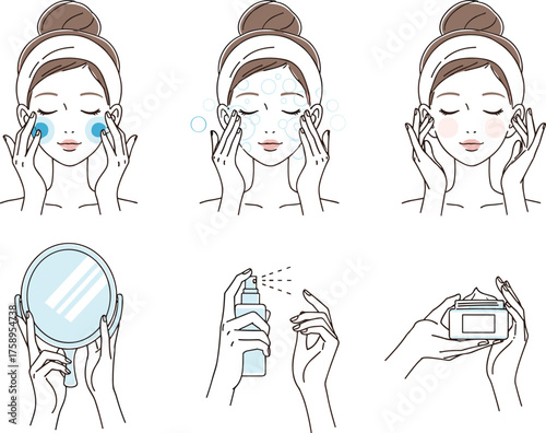 Step-by-Step Skincare Routine Illustration Featuring Cleansing, Toning, Mist Application, and Moisturizing in Six Panels for Beauty Education and Personal Care Design