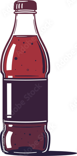Stylized soda bottle vector with dark red liquid, carbonation bubbles, blank label, and shadow effect for beverage branding, packaging, and marketing design