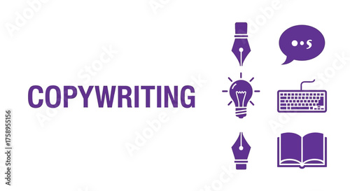 Visual elements representing copywriting including pens bulbs and keyboards