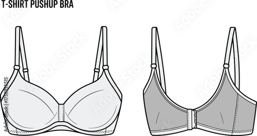 T-shirt pushup bra fashion sketch, technical flat drawing, vector outline, lingerie design template, underwire support, CAD illustration, black and white