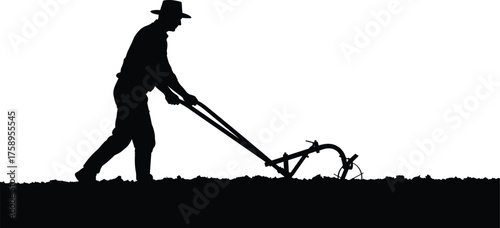 Person plowing field silhouette cartoon illustration, symbolic labor and expressive gesture artwork for lifestyle and cultural storytelling design