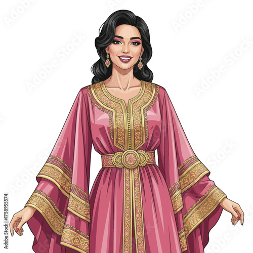 Beautiful Woman Wearing a Traditional Middle Eastern Inspired Pink Kaftan with Intricate Gold Embroidery